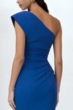 Royal Blue One Shoulder Pencil Ruched Midi Work Dress