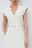 Ivory Pencil Midi V-Neck Cap Sleeves Work Dress with Belt