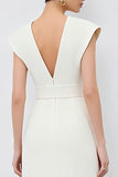 Ivory Pencil Midi V-Neck Cap Sleeves Work Dress with Belt