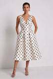 White and Black Polka Dots A Line V Neck Midi Work Dress