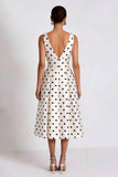 White and Black Polka Dots A Line V Neck Midi Work Dress