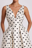 White and Black Polka Dots A Line V Neck Midi Work Dress