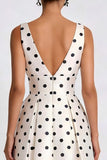 White and Black Polka Dots A Line V Neck Midi Work Dress