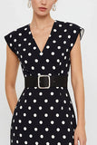 White and Black Polka Dots Pencil Midi Cap Sleeves Work Dress with Belt