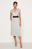 White and Black Polka Dots Pencil Midi Cap Sleeves Work Dress with Belt