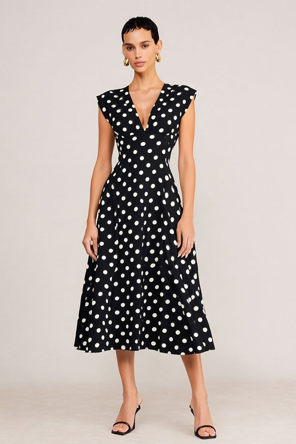 Leely Women Black and White Polka Dots Work Dress V-Neck A Line Cap