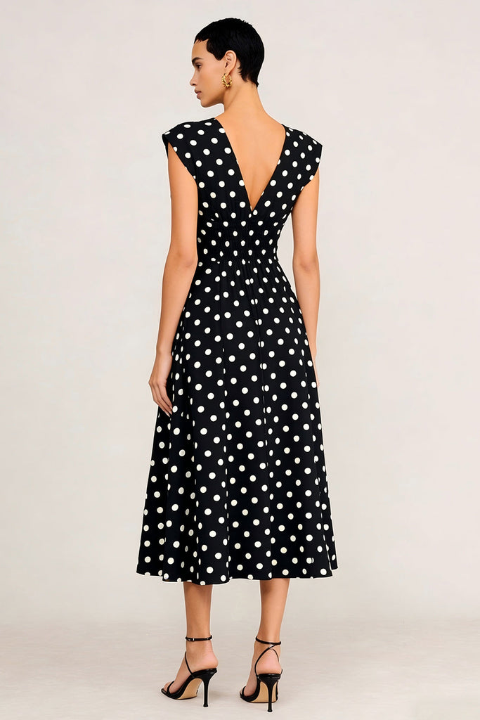 Leely Women Black and White Polka Dots Work Dress V-Neck A Line Cap