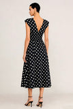 Black and White Polka Dots V-Neck Midi A Line Work Dress