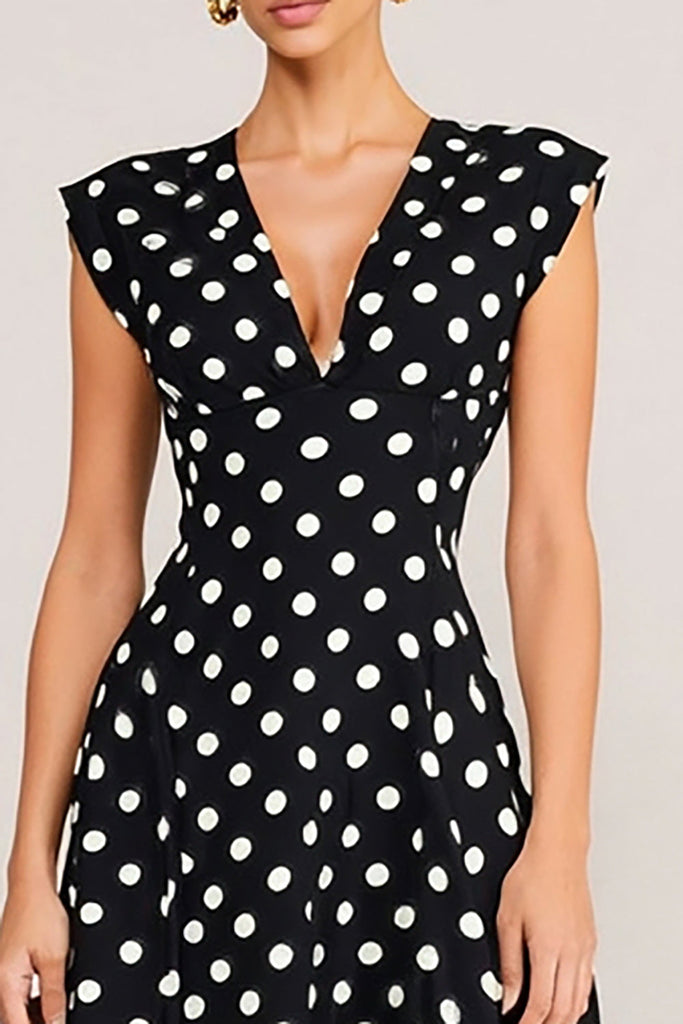 Leely Women Black and White Polka Dots Work Dress V-Neck A Line Cap
