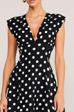 Black and White Polka Dots V-Neck Midi A Line Work Dress
