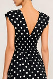 Black and White Polka Dots V-Neck Midi A Line Work Dress