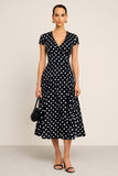 Black and White Polka Dots V-Neck Short Sleeves A Line Work Dress