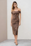 Brown Off the Shoulder Leopard Print Pencil Midi Work Dress