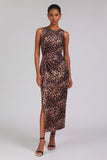 Brown Leopard Print Sleeveless Pencil Long Work Dress with Slit