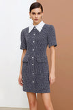 Dark Grey Peter Pan Collar Tweed Short Work Dress with Sleeves