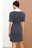 Dark Grey Peter Pan Collar Tweed Short Work Dress with Sleeves