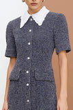 Dark Grey Peter Pan Collar Tweed Short Work Dress with Sleeves