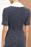 Dark Grey Peter Pan Collar Tweed Short Work Dress with Sleeves