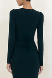 Simple Dark Green Crew Neck Pencil Long Work Dress with Sleeves