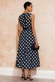 Navy and White Polka Dots A Line Maxi Work Dress with Belt
