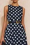 Navy and White Polka Dots A Line Maxi Work Dress with Belt