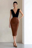 Black and Brown Deep V-Neck Pencil Midi Work Dress