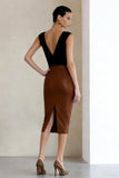 Black and Brown Deep V-Neck Pencil Midi Work Dress