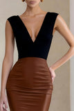 Black and Brown Deep V-Neck Pencil Midi Work Dress