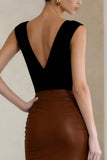 Black and Brown Deep V-Neck Pencil Midi Work Dress