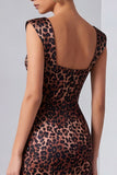 Brown Leopard Print Pencil Sweetheart Midi Work Dress