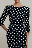 Black and White Polka Dots Bateau Neck 3/4 Sleeves Pencil Work Dress