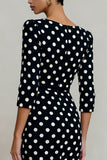 Black and White Polka Dots Bateau Neck 3/4 Sleeves Pencil Work Dress