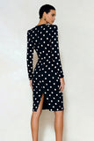 Black and White Polka Dots Pencil Midi V Neck Work Dress with Sleeves