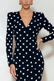 Black and White Polka Dots Pencil Midi V Neck Work Dress with Sleeves