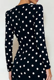 Black and White Polka Dots Pencil Midi V Neck Work Dress with Sleeves