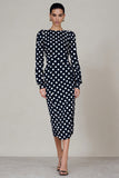 Black and White Polka Dots Midi Open Back Work Dress with Sleeves