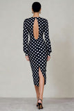 Black and White Polka Dots Midi Open Back Work Dress with Sleeves