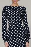 Black and White Polka Dots Midi Open Back Work Dress with Sleeves