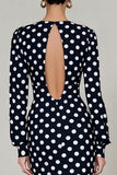 Black and White Polka Dots Midi Open Back Work Dress with Sleeves
