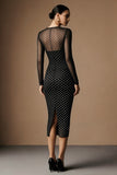 Black and White Polka Dots Illusion Neck Pencil Midi Work Dress with Sleeves