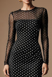 Black and White Polka Dots Illusion Neck Pencil Midi Work Dress with Sleeves