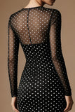 Black and White Polka Dots Illusion Neck Pencil Midi Work Dress with Sleeves