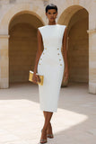 Ivory Crew Neck Pencil Midi Work Dress with Back Slit