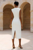 Ivory Crew Neck Pencil Midi Work Dress with Back Slit
