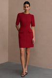 Ivory Crew Neck Short Pencil Work Dress with Sleeves