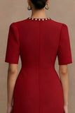 Ivory Crew Neck Short Pencil Work Dress with Sleeves