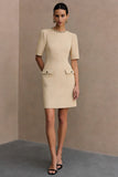 Ivory Crew Neck Short Pencil Work Dress with Sleeves