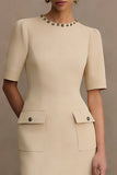Ivory Crew Neck Short Pencil Work Dress with Sleeves