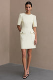 Ivory Crew Neck Short Pencil Work Dress with Sleeves