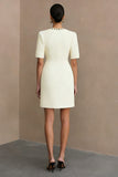Ivory Crew Neck Short Pencil Work Dress with Sleeves